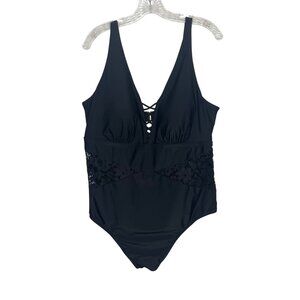 Terra & Sky One Piece Swim Suit Womens 2X Black Padded Lace Panels